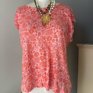 Sigrid Olsen Orange Pink Sherbert Linen Floral Blouse Button Down Back Size M